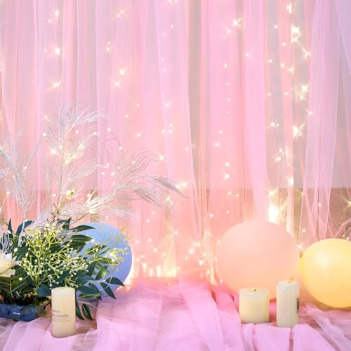Pink Tulle Backdrop Curtains with Lights String for Parites 10ft×8ft Wrinkle Free Pink Sheer Sparkle Backdrop Curtains for Baby Shower Girls Bridal Shower Birthday Party Photo Shoot Decorations - color: Pink, size: 10 ft X 8 ft(2 Panels 5ft X 8ft)