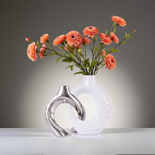LCCCK White and Silver Ceramic Vases for Home Decor, Boho Vase for Flowers Pampas Grass Decorative, White Silver Hollow Donut Small Vase for Living Room Table Wedding Centerpiece Modern Vases - color: White and Silver