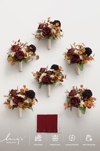 Ling's moment Red Bridesmaid Bouquets Set of 6,Burgundy & Burnt Orange Artificial Wedding Flower Bouquets Floral Bouquet Bridesmaid Bouquets with Ribbon, Ceremony, Anniversary, 7-inch Diameter - color: Rd-burgundy & Burnt Orange