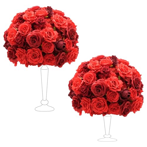 2pcs Mix Red Artificial Flowers Centerpieces Decor for Tables Floral Arrangement Bouquet for Wedding Reception Aisle Ceremony Party Flowers Balls Without Stand - color: 2pcs 15'' Red