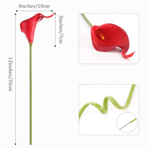 Artificial Calla Lily 12Pcs Red Real Touch Faux Flowers for Wedding Bouquet, Bride Bridal Shower, Spring Home Kitchen Table Decor, Fake Lilies for Centerpieces, Party Decorations - color: Wine Red