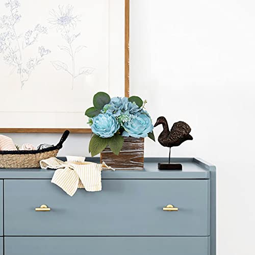 DILATATA Flower Arrangement with Wooden Vase 8" Artificial Flowers in Pot - Fake Flowers Roses Peonies Hydrangeas in Wooden Vase Potted Flower Centerpieces for Table Decor Living Room - Dusty Blue - color: 8"h Dusty Blue