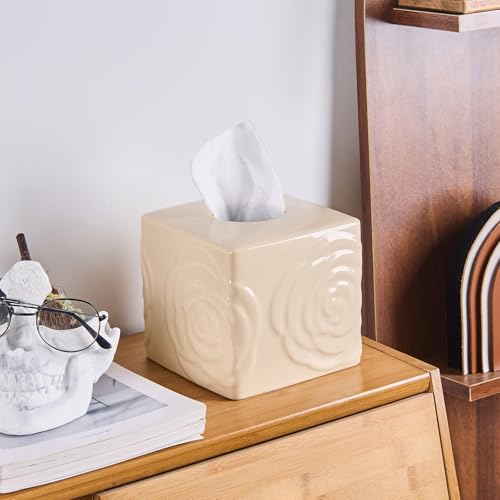 Beige Ceramic Cube Tissue Box Cover with Rose – Large Elegant Rose Floral Square Decorative Tissue Box Holder for Bathroom, Bedroom, Office Desk, Kitchen Counter – Perfect Housewarming Gift - color: Beige