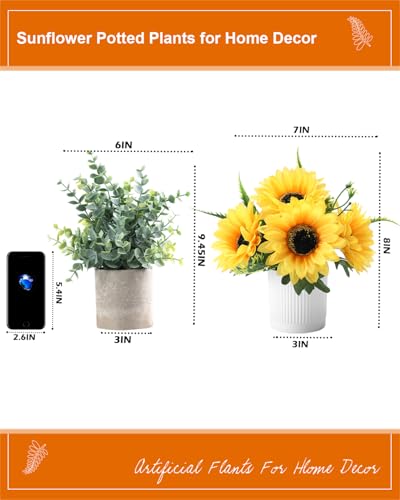 Coferset Sunflower Potted Artificial Flowers Small Fake Plant Yellow Sunflower Small Artificial Plants for Home Office Farmhouse Coffee Table Bathroom Wedding Party Decor(2PCS)