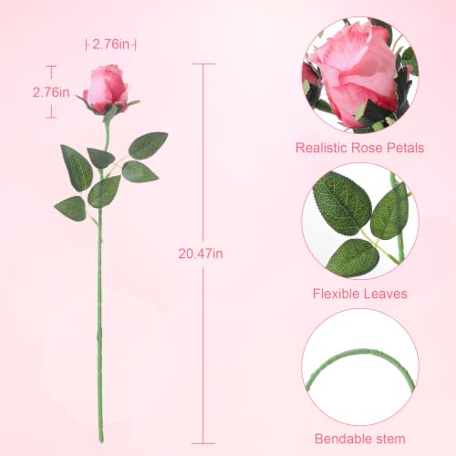 60Pcs Realistic Fake Roses Faux Flowers with Long Stems, Artificial Silk Rose Flowers for Valentines Day Home Wedding Decor Bridal Bouquet (Dark Pink-60) - color: Dark Pink-60