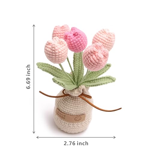 Crochet Woven Tulips with Wool,Simulation Plant Crochet Hand-Woven Flowers for Home Room Table Office Ornaments and Birthday Gifts for Family Friends Anniversary（5 Flowers-Pink ） - color: Pink B, size: B