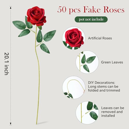 50 PCS Red Roses Artificial Flowers, Real Looking Fake Roses with Long Stems Silk Flowers for DIY Wedding Bouquet Party Celebration Home Bridal Baby Shower Decoration Birthday Gift for Her Wife - color: Red