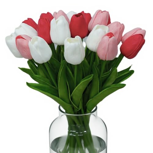 20pcs White and Red Fake Tulips Artificial Flowers Faux Flowers PU 13 Inch Mother's Day Easter Day Gifts in Home Kitchen Spring Decorations For Home - color: White and Red