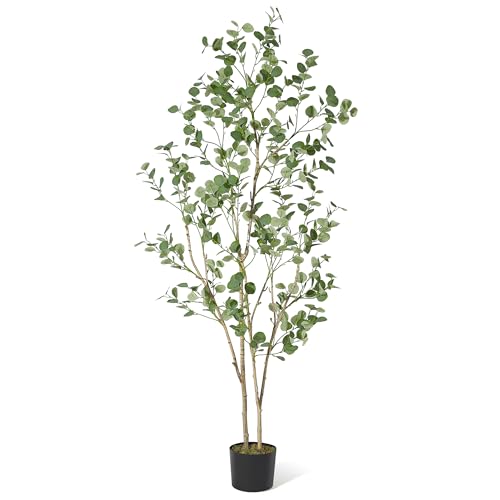 GarveeHome 7 FT Artificial Eucalyptus Tree, Tall Faux Eucalyptus Plant with Silver Dollar Leaves, Indoor Fake Tree in Black Plastic Pot for Home, Office, Living Room, Modern Decor - size: 7ft