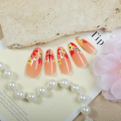 Spring Press on Nails Short Almond Fake Nails Press ons Nail Tips Kit YEFIUO Flower French False Nails Artificial Acrylic Glue on Nails Winter Floral Glossy Stick on Nails for Women Manicure 24Pcs
