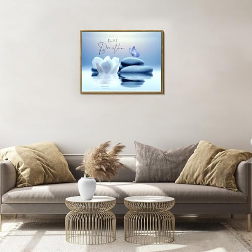 LB Zen Wall Art for Bathroom Butterfly and White Water Lily Flower on Blue Canvas Wall Art Wall Paintings Home Decor Modern Wall Pictures for Living Room Bedroom Office Ready To Hang,17x12 Inch - color: Blue, size: 12"L x 17"W