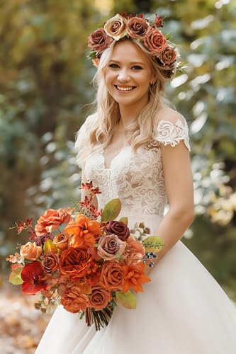 Burnt Orange Artificial Flowers Set - Fake Roses, Peonies, Silk Flowers with Stems for DIY Wedding Bouquets,Floral Arrangement,Table Centerpieces,Baby Shower, Home Decor - color: Burnt Orange
