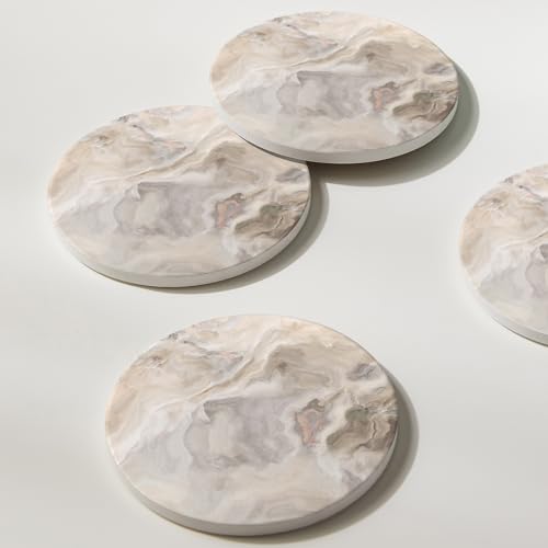 Set of 6 Abstract Marble Coasters with Holder, Absorbent Ceramic Coasters for Drinks, Coasters with Cork Backing for Table Protection, Housewarming Gifts for New Home - color: Abstract Sand Marble