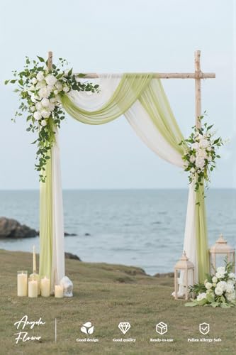 Deluxe Wedding Arch Flowers with Drapes Kit Pack of 4, 2pcs White Green Mint Leaves Hanging Silk Flowers Arrangement 2pcs Chiffon Drapes for Ceremony Arbor Party Outdoor Decor - color: White Greenery