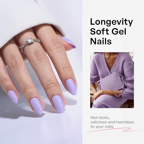 32Pcs Soft Gel Press on Nails for Women, Lilac Lavender, Short Almond | Solid Color Glossy False Fake Nails Press Ons for Office Daily Wear, Salon Quality Reusable Glue & Stick on Nail Gift Kit - color: 3G-Lilac Lavender