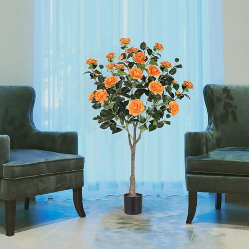 4FT Artificial Camellia Tree with Blooming Orange Flowers, Free Maintencace 4 FT Fake Tree, Faux Plants with Blooming Flowers, for Indoor Outdoor Home Office Front Door Decor