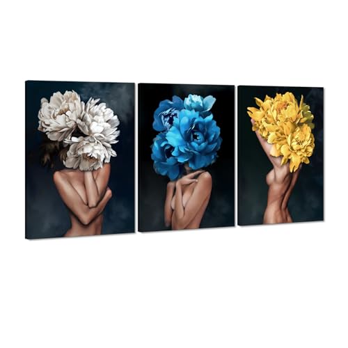 Sexy Women Pictures Wall Decor 3 Panels Nude Girls Painting Girls with Flowers Head Canvas Prints Artwork Living Room Bathroom Decor Wooden Framed Ready to Hang - 24"W x 36"H x 3pcs - color: Art01, size: 24x36x3pcs