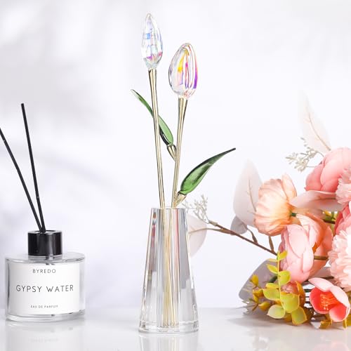 LONGWIN Crystal Tulips Flower Figurine Collectible with Vase Glass Spring Bouquet Flowers with Stem Home Decor Gift for Women Mom - color: Long - Ab Coated