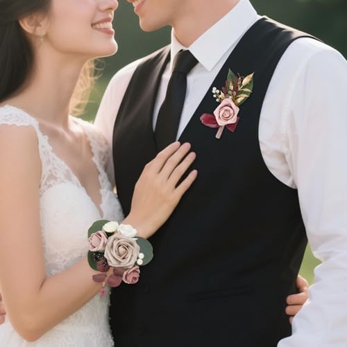 2Pcs Wedding Corsage and Boutonniere Set Dusty Pink Rose Corsage Wristlet and Boutonniere for Men Women Groom Bride Bridesmaid Groomsmen Wedding Party Accessory Prom Decoration (Dusty Pink) - color: Dusty Pink