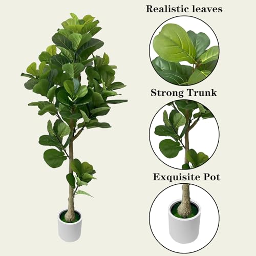 5.6FT Artificial Fiddle Leaf Fig Tree with White Pot, 2 Pack Faux Plant Indoor Outdoor Fake Tree for Home, Office, Living Room Decoration - size: 5.6ft