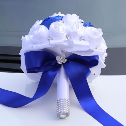 Royal Blue and White Wedding Bridal Bouquet for Bride Bridesmaid Quinceanera with Blue Brooch Rhinestone Satin Rose Flower Bouquet Wedding White and Royal Blue 8.7in - color: White & Royal Blue (Blue Brooch on Top), size: Diameter: 8.7 inches