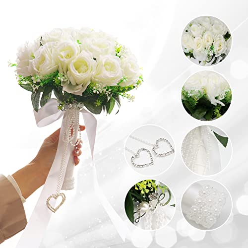 LEIFENY Wedding Bouquets for Bride, White Bridal Bridesmaid Wedding Flowers with Silk Ribbon and Rhinestones, Artificial Toss Rose for Civil Ceremony