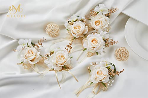 Set of 6 Champagne Faux Silk Men Boutonnieres for Groom Wedding | Artificial Rose With Ribbons for Ceremony Party, Groomsmen Boutonniere for Wedding Prom Party, Homecoming and Suit Decor - color: Light Champagne Boutonnieres 6pcs