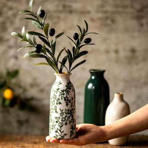 Ceramic Vase Set of 6，Flower Vases for Bouquet，Small Vases for Pampas Grass Dried Flowers，Vintage Vase for Centerpieces，Chinoiserie Decor，Shelf Decor, Table, Living Room Bedroom- Green and Beige