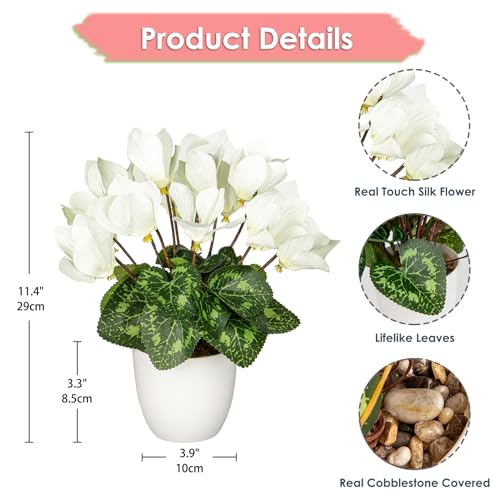 Hollyone Artificial Cyclamen Flowers Plant Potted Fake Silk Flower Plants in White Pot Faux White Cyclamen Flowers Arrangement Home Decor Office Bathroom Shelf Desk Decorations - color: White, size: Cyclamen Flowers
