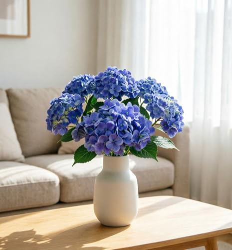 4 Pcs Faux Hydrangeas Real Touch Hydrangea Artificial Flowers Latex Large Fake Flower Long Stems for Wedding Home Party Table Centerpieces Decor (Blue) - color: Blue