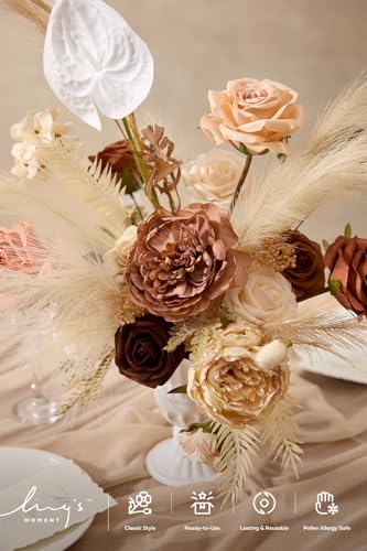 Ling's moment Fake Flowers Box, Faux Artificial Greenery Stems Foam Roses Anthurium Silk Peonies Pampas Fabic Flower for Centerpieces Bouquet Wedding Vase Decorations, Boho & Sepia, Deluxe Combo - color: Beg-boho & Sepia, size: Deluxe
