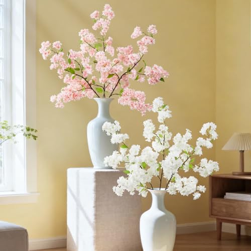 3 Pcs White Cherry Blossom Branches,40 inch Realistic Artificial Spring Flowers Long Stem, Fake Flowers for Tall Vase Home Outdoor Wedding, Party Table Centerpiece Floral Arrangements Decor - color: White