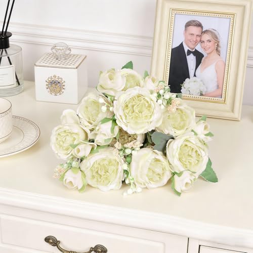 choyaxo 2 Packs Peonies Artificial Flowers Fake Peonies Bouquet for Home Decor Wedding Party Plastic Flower Bulk for Vase Centerpiece Table (White) - color: White