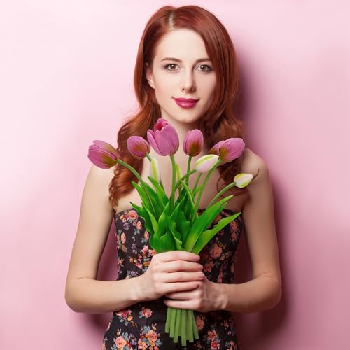 4 Budles (20Pcs) Lilac Tulips Artificial Flowers 13" Latex Fake Flowers for Wedding Home Decor(Lilac) - color: Lilac