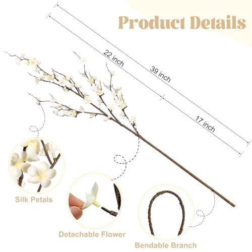 Ammyoo 4Pcs Cherry Blossom Branches Artificial Flowers for Spring Summer Indoor Decoration,Faux Long Stem Artificial Flowers for Wedding Home Office Bedroom Party Table Centerpieces Decor(White) - color: White