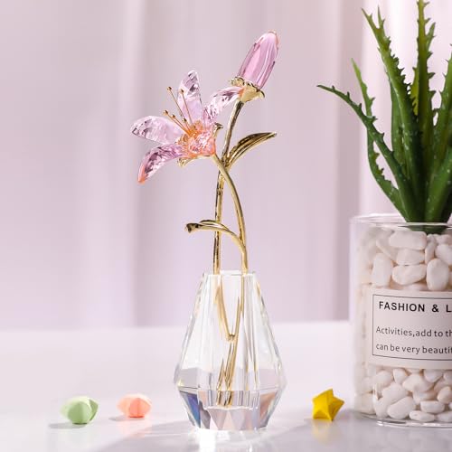 LONGWIN Crystal Artifical Tiger Lily Flowers with Vase - Pink Crystal Collectible Figurines Decorative Blooming Lily Flower for Home and Wedding - color: Pink