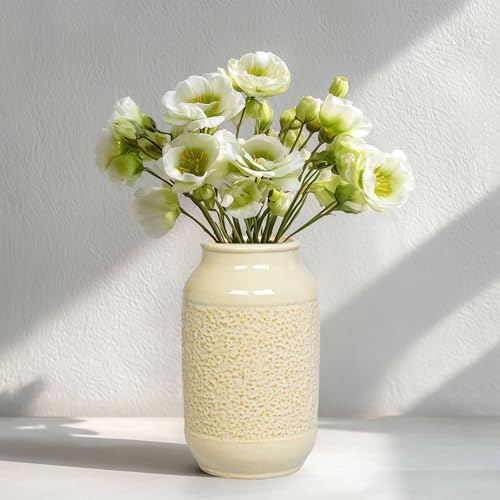 Beige Ceramic Vase for Flowers - 9 Inch Textured Cream Vase for Pampas Grass, Modern Farmhouse Vases for Home Decor, Table Centerpiece, Shelf, and Mantle Decor - color: Beige