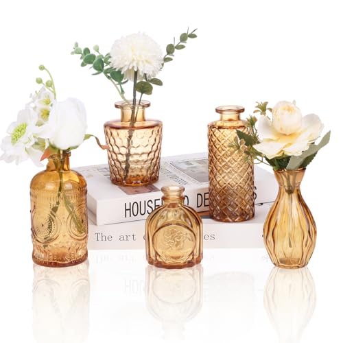 5pcs Amber Glass Bud Vase Set, Gold Small Flower Vases for Centerpieces in Bulk, Mini Vintage Vase for Home, Wedding, Table Decor - color: Amber, size: 5pcs
