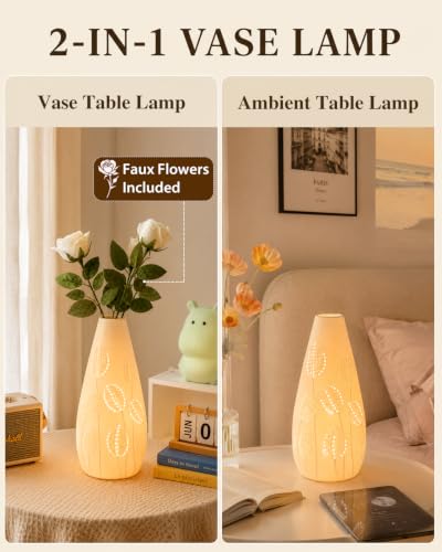 TACAHE Ceramic Vase Table Lamp, 2700K Bulb & 3 Artificial Flowers Included, E12 Socket, Inline Switch, Handmade Openwork Craft, Ambient Light for Living Room Bedroom - Tulip 11" - style: Tulip