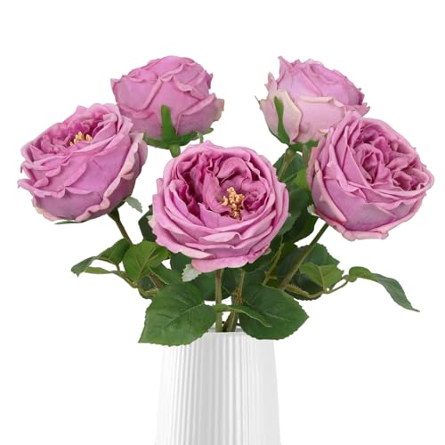 IPOPU 5PCS Purple Roses Artificial Flowers Real Touch Latex Artificial Roses Fake Peony Stems for Wedding Bouquet Party Home Decor (Purple) - color: Purple