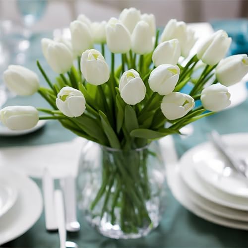 30pcs Real Touch Tulips PU Artificial Flowers, Fake Tulips Flowers for Arrangement Wedding Party Easter Spring Home Dining Room Office Decoration. (White) - color: White