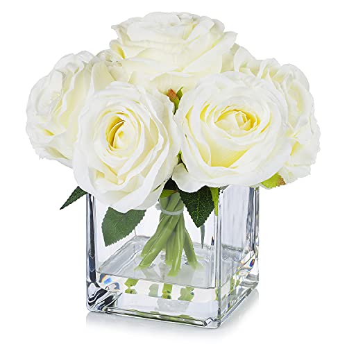 Enova Floral 7 Large Stems Artificial Silk Roses Fake Flowers Arrangement in Cube Glass Vase with Faux Water for Home Office Wedding Decoration (Cream) - color: Cream