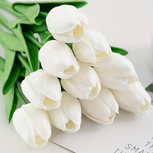 10 Elegant White Tulip Artificial Flowers with Dark Green Leaves - color: White2