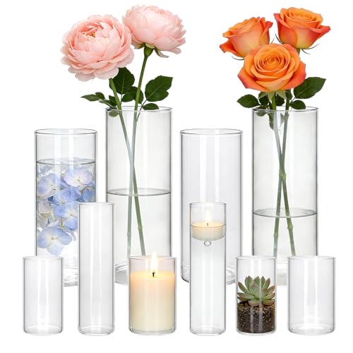Glass Cylinder Vase,10 Pack Glass Flower Vases,Hurricane Floating Candle Vases for Centerpieces Tables,Tall Cylinder Clear Vase for Centerpieces Wedding Party Home Décor - size: Smooth Set-10PCS