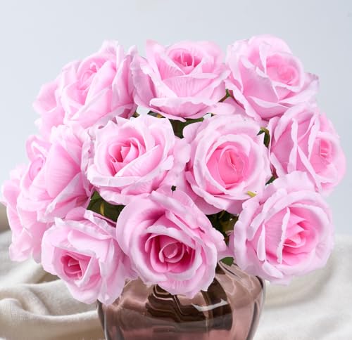 PONKING 3.5"(9cm) Rose Artificial Flower 12pcs Realistic Faux Silk Roses Fake Flowers Bouquets Arrangements Decor for Wedding Mother's Day, Home Table Christmas Valentine Decorations, Pink Flower - color: D 12pcs Pink Rose
