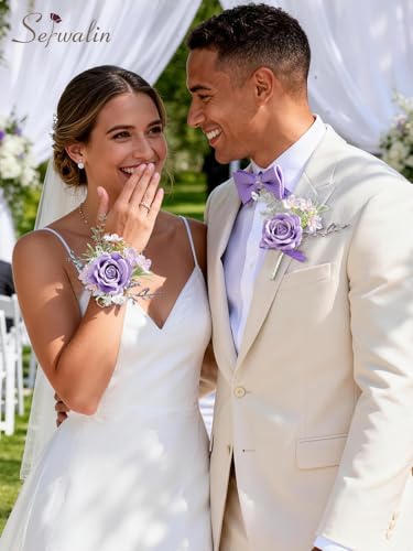 Serwalin Purple Corsage and Boutonniere Set, Artificial Silk Rose Wrist Corsage Wristlet and Boutonniere Set for Prom, Homecoming, Wedding, Anniversary Party Prom Suit Dress Flower Accessories - color: Purple, size: 1 Boutonniere & 1 Wrist Corsage - 2pcs