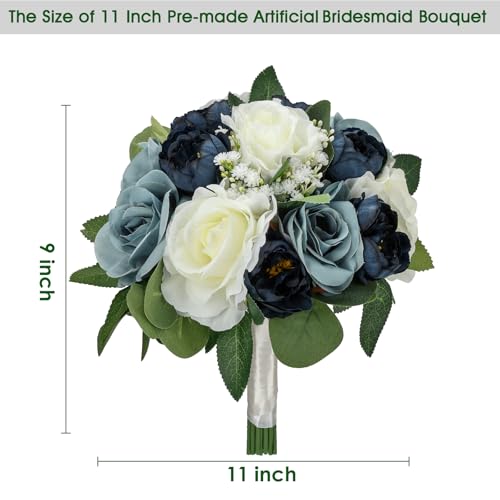 Set of 6 Navy & Dusty Blue Silk Bridesmaid Bouquets, 11 Inch Round Artificial Flower Arrangements for Wedding Decorations - color: Navy & Dusty Blue, size: Set of 6 Bouquets