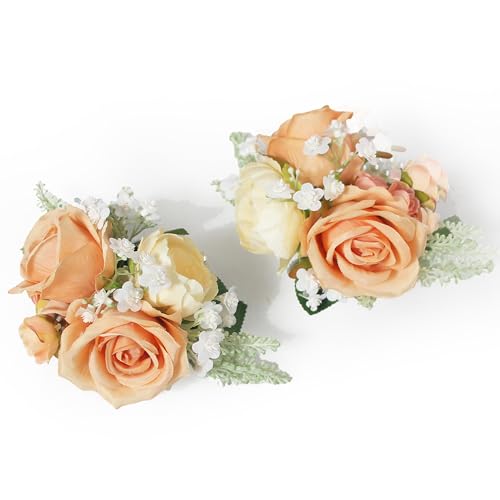 Rinlong 2Pcs Peach Champagne Wrist Corsage for Wedding, Prom, Homecoming | Bridesmaid, Mother of the Bride Corsage - color: 24-coral