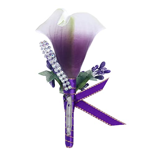 Calla Lily Boutonniere Men Wedding with Pins Set of 6, Handmade Picasso Calla Lily Groom Groomsman Boutonniere for Wedding Ceremony Anniversary (Purple) - color: Calla Lily- Purple, size: 6 Packs