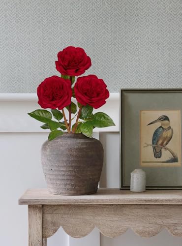 Artificial Roses - Set of 3 Long-Stem Real Touch Silk Rose, 24.4" Faux Flowers for Home Decor, Wedding Bouquets, Centerpieces & Floral Arrangements – Lifelike Red Fake Roses - color: Dark Red